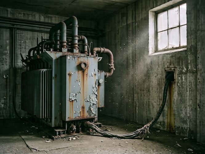 A decommissioned industrial electrical transformer in a dim, concrete utility room. The unit is old, with peeling gray paint and rust streaks. A thick, frayed power cable leads from it to a wall, but the cable is visibly severed or disconnected near the unit. Dust motes dance in a single shaft of light from a high, dirty window. No people, no text, no logos.