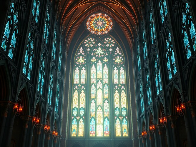 Neon archetypal runes in stained-glass window — silence rendered as seed awaiting cultivation