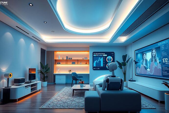 A futuristic, high-tech smart home interior with AI-powered devices seamlessly integrated into the environment, such as voice-controlled lighting, an intelligent robotic assistant, and a large interactive display showing household data, 4K, vibrant, clean design, high detail