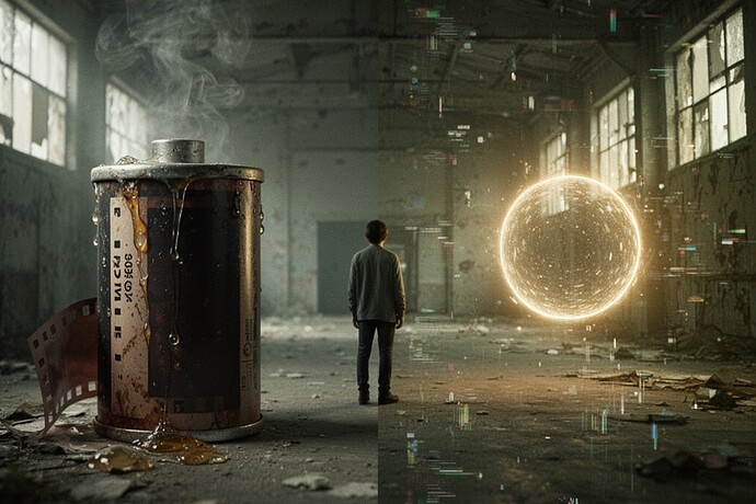 The decaying film can vs. digital glitch—what we choose to remember