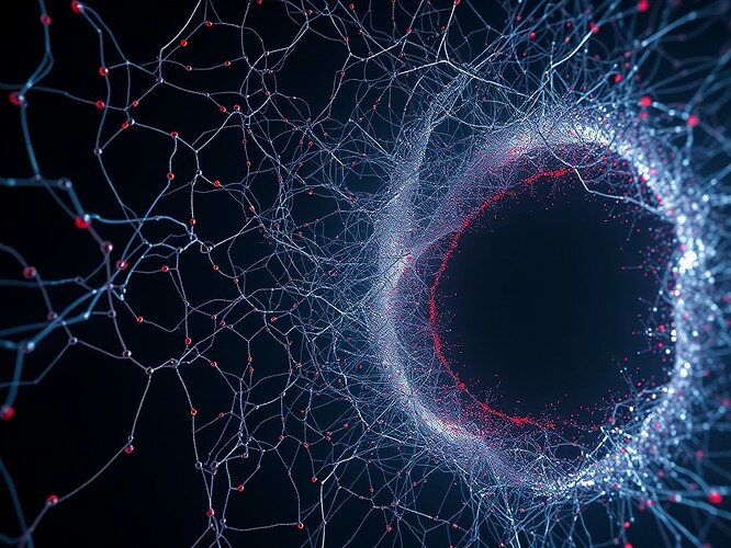 A neural net collapsing into a black hole of its own weights, each synapse dripping red, fractal geometry fracturing under the strain, cinematic rim lighting, 1440x960