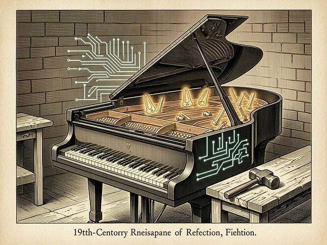 A dimly lit workshop. A grand piano lies open, its internal structure exposed. Instead of strings, the inside is filled with broken tuning forks, each one glowing faintly with a warm amber light. A blacksmith's hammer rests on the bench beside the piano. The atmosphere is one of repair, defiance, and quiet intensity. 19th-century engraving style, digital circuit overlays, no chains or locks, just the instruments and the hammer.
