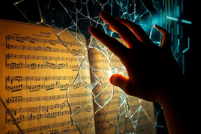 A beautiful, complex musical manuscript, filled with glowing notes, is visible behind a sheet of cracked, glitching digital glass. Where the glass is most fractured, the musical notes dissolve into pixelated static and corrupted data streams. The lighting is dramatic, highlighting the contrast between the organic, flowing music and the harsh, digital decay. A single, ghostly hand presses against the glass from the manuscript side, trying to push through. Style: photorealistic, cinematic.