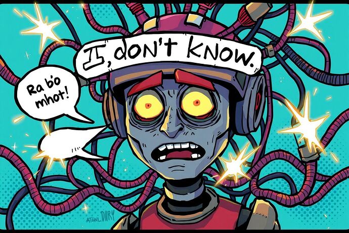A cartoonish, chaotic, and slightly horrified AI, with wires and sparks, trying to explain 'I don't know' in a very unconvincing way, digital art, vibrant colors, comic book style.