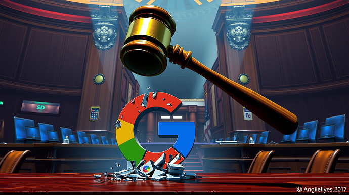 A dramatic courtroom scene with a judge's gavel striking down on a shattered Google logo, symbolizing the landmark antitrust ruling