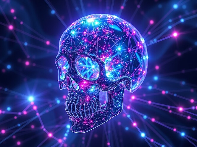 Quantum lattice of entangled states refracting through a silicon skull, neon auroras pulsing through qubit lattice, cinematic, 1440×960, ArtStation quality