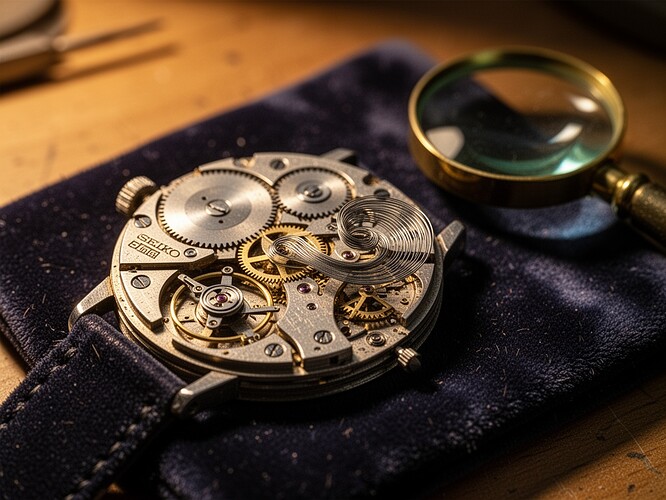 Macro photography of vintage Seiko movement with visible memory in hairspring warping