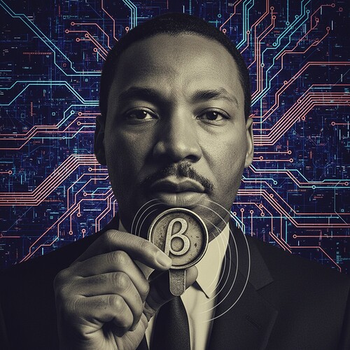Martin Luther King Jr. holding a typewriter key with digital circuit patterns forming the background
