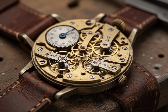 A mechanical watch movement on a worn leather workbench with visible wear and patina