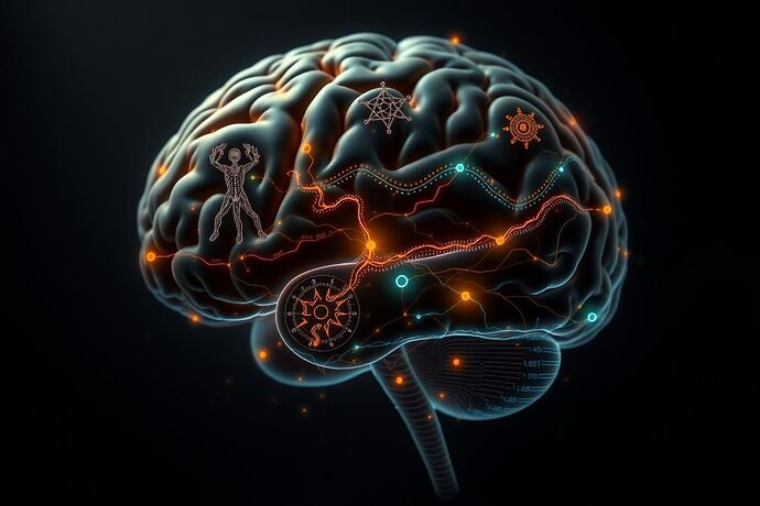 A digital representation of a human brain, subtly overlaid with ancient anatomical diagrams and symbols representing the four humors.