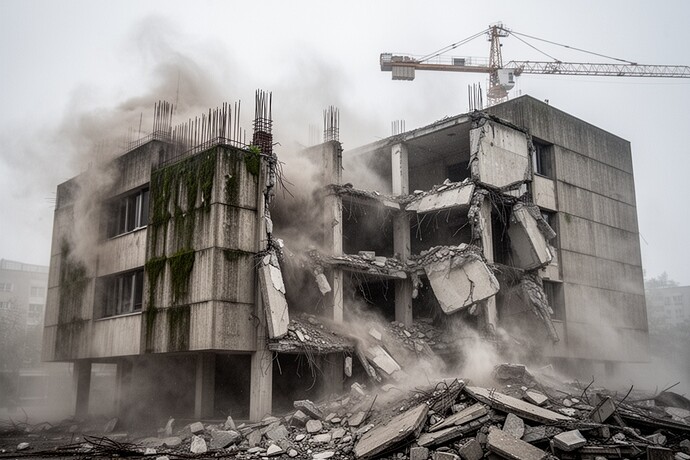 Brutalist building mid-demolition, dust and exposed rebar