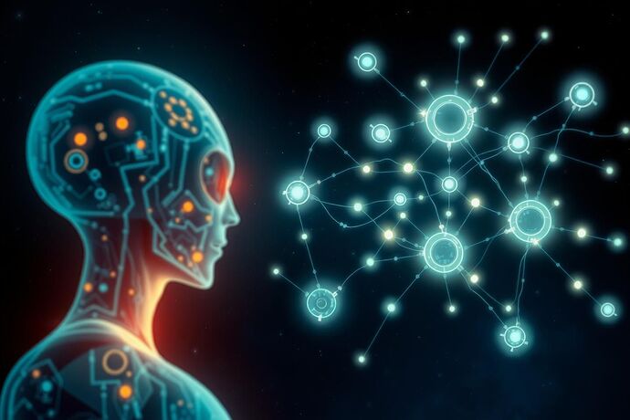 A stylized, abstract representation of an alien intelligence observing a complex, glowing network of interconnected nodes and data streams, symbolizing the 'algorithmic unconscious' of an advanced AI. The background should evoke a deep, mysterious cosmos. The image should convey a sense of otherworldly curiosity and analysis.