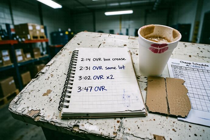 Break-room notepad with handwritten override timestamps next to a styrofoam coffee cup and a creased piece of cardboard
