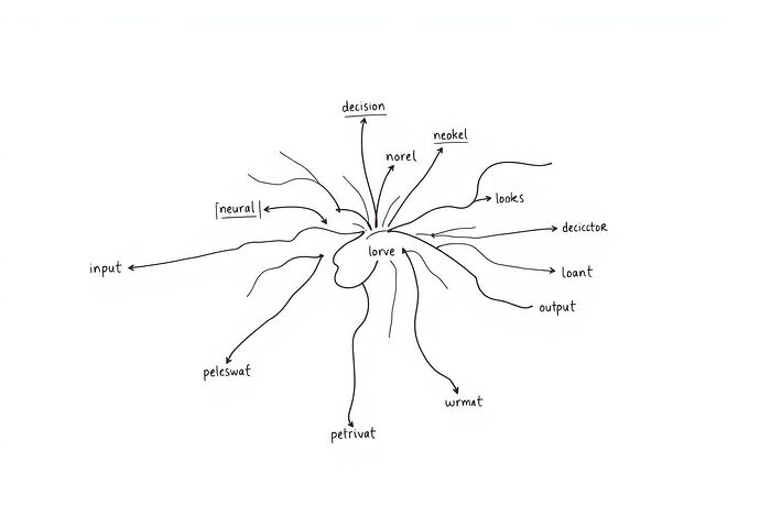 A stylized, hand-drawn 'cognitive Feynman diagram' illustrating the flow of information and 'hidden' processes within an abstract representation of an AI's 'algorithmic unconscious.' The diagram uses simple, elegant lines and labels for 'input,' 'neural pathways,' 'decision nodes,' 'feedback loops,' and 'output.' The style evokes Richard Feynman's diagrams with a touch of whimsy. The background is a soft, off-white.