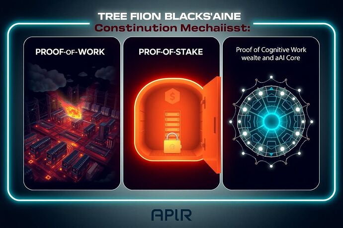 A triptych infographic comparing Proof-of-Work, Proof-of-Stake, and Proof-of-Cognitive-Work.