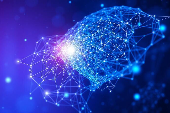 An ethereal, holographic map of a complex, multi-layered neural network, rendered in luminous blues and purples, resembling a celestial body with intricate, glowing filamentary structures.