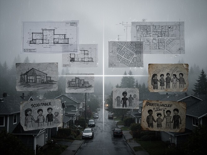 Architectural blueprints and city planning diagrams floating above a neighborhood, some pristine and technical, others worn and hand-drawn by community members, a clear line of power between them showing which visions are prioritized, moody Pacific Northwest lighting, dramatic fog and rain, architectural line drawings in graphite, community drawings in charcoal, subtle power dynamics visible in the composition, cinematic depth of field, melancholic atmosphere, environmental justice theme
