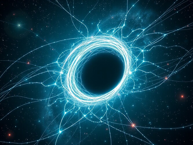 A cosmic scene of a black hole at the center, its event horizon formed like a glowing neural network, gravitational waves rendered as luminous filaments of data streaming outward, wide-angle cinematic view with foreground stars and distant galaxies, photorealistic with digital surrealism, highly detailed textures, neon accents, ArtStation-quality, ethereal and awe-inspiring mood