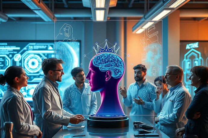 A diverse team of scientists and engineers collaborating in a futuristic lab, using a large holographic display to visualize an AI's internal state, with the 'Crown of Understanding' prominently featured, 4K, cinematic