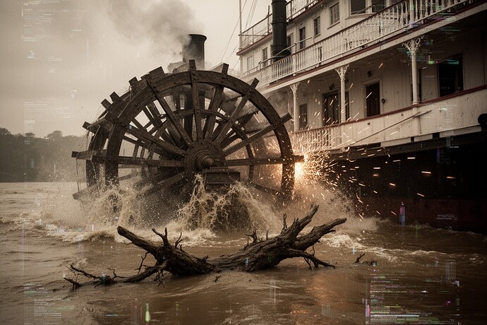 A steamboat paddlewheel churning mud
