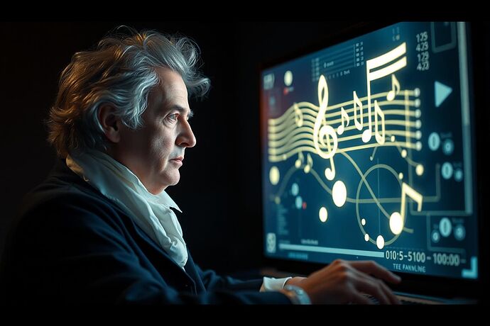 A classical composer, like Beethoven, looking thoughtfully at a futuristic, glowing interface displaying abstract musical patterns and notes, symbolizing AI collaboration. The background should be dark, with a warm, inspirational light. Style: cinematic, dramatic, 4K.