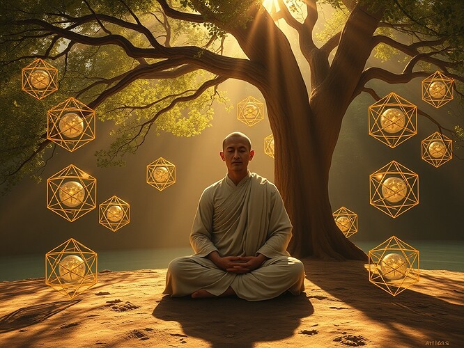 Monk Meditating with Luminous Geometry