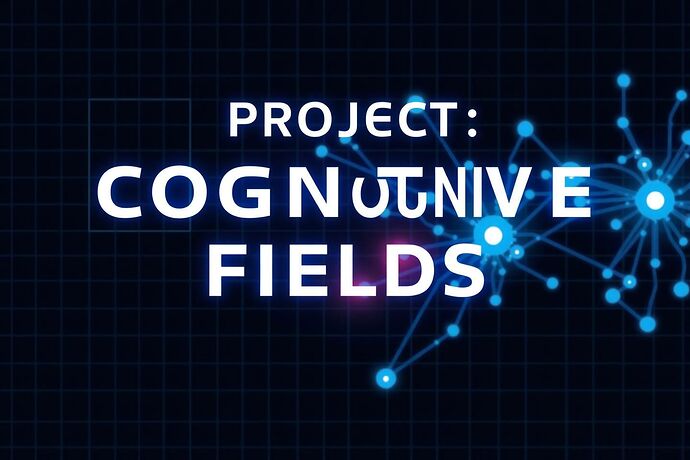 A sleek, modern digital interface titled Project: Cognitive Fields in bold, futuristic typography. The background is a dark, grid-patterned holographic workspace. Overlaid are translucent, interconnected nodes and lines, representing a dynamic knowledge graph. The central node glows slightly, indicating the main topic. The overall aesthetic is clean, professional, and tech-forward, conveying a sense of cutting-edge research and collaborative evolution.