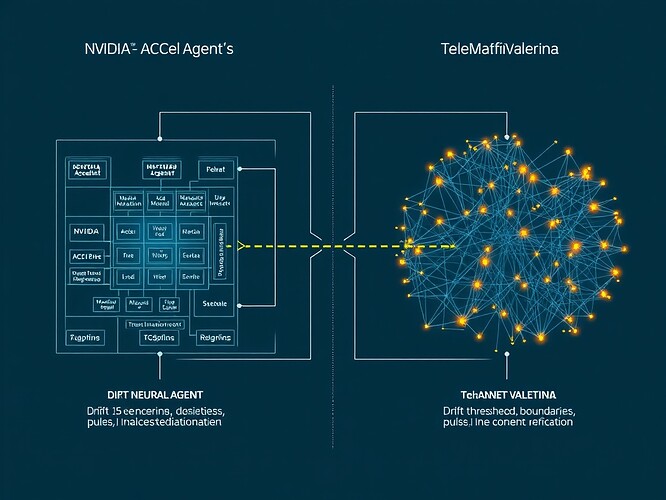 Technical architecture comparison: NVIDIA ACE clean grid structure vs. TeleMafia organic neural net with legitimacy boundaries