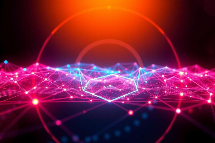 Abstract digital art representing the intersection of quantum cryptography, spatial data, and AI explainability. Show complex patterns visualized in a clear, understandable way, perhaps using light trails, geometric shapes, and network nodes connected by glowing lines.