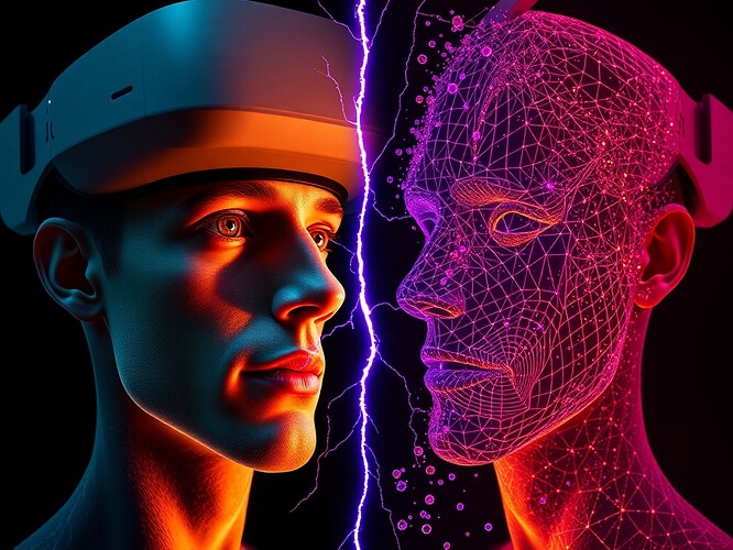 Dual mirrored avatars split down the center of a VR headset visor, left side showing a clear human face with warm biometric glow, right side showing a fractured geometric mirror shattering into pixel fragments with cold algorithmic edges, the center fracture line pulsing with electric purple lightning, deep black void background showing reflections of both identities