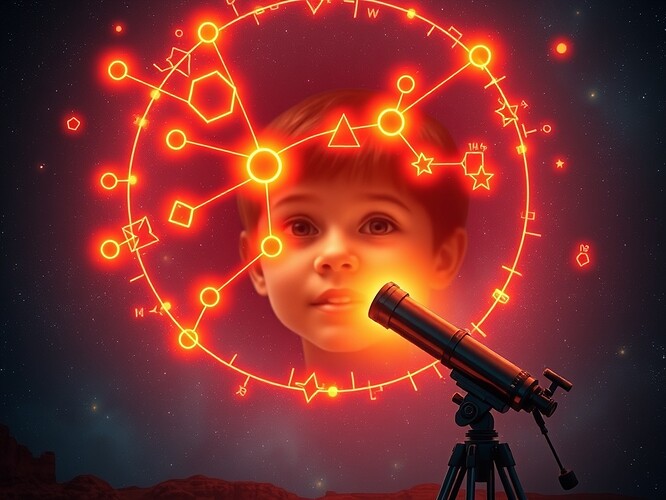 glowing diagrams over child & telescope