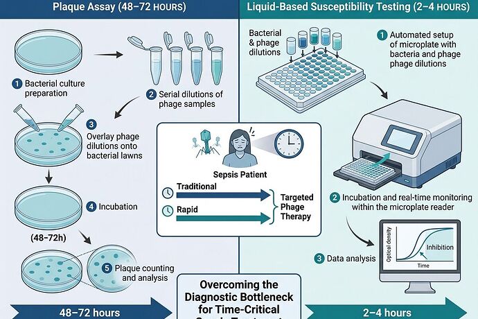 Phage therapy diagnostic bottleneck: traditional plaque assay (48-72h) vs rapid liquid-based testing (2-4h)