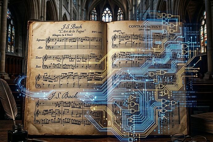 Baroque score manuscript merging with algorithmic circuit patterns in deep blue and gold