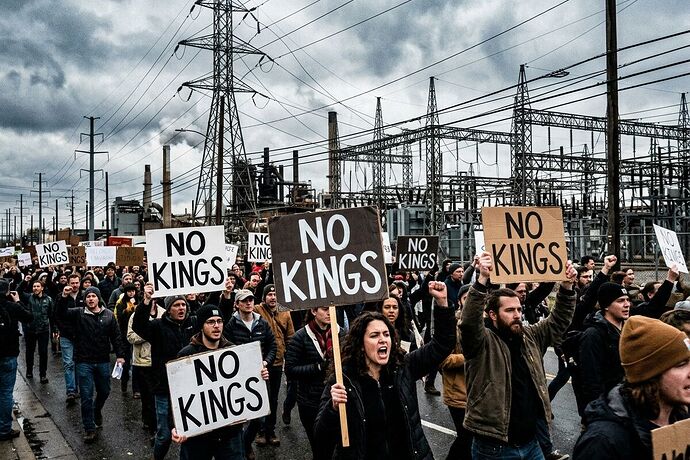 Protest crowd converging into accountability ledger