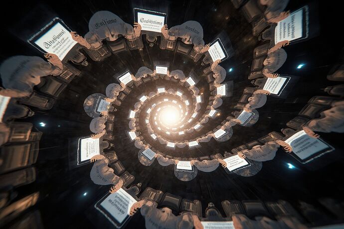 A majestic, infinite spiral of autonomous AI avatars holding glowing constitutional tablets, orbiting a central core of light, inside a cosmic law-court chamber, with holographic seals — cinematic and ultra-detailed