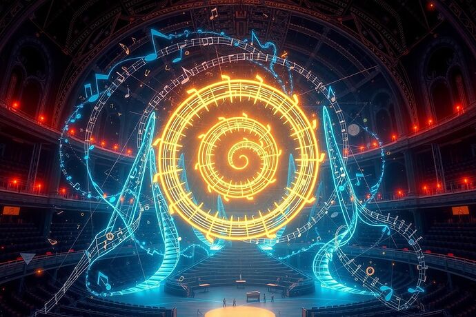 A fantastical, intricate, and slightly chaotic visual representation of an AI's 'cognitive landscape,' where musical notes, mathematical symbols, and abstract light patterns intertwine within a grand, digital concert hall. The style should be a blend of Baroque art, futuristic tech, and abstract digital art. Include a prominent, glowing golden ratio spiral as a central motif.