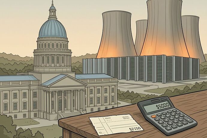 Maine statehouse dome juxtaposed with data center cooling towers