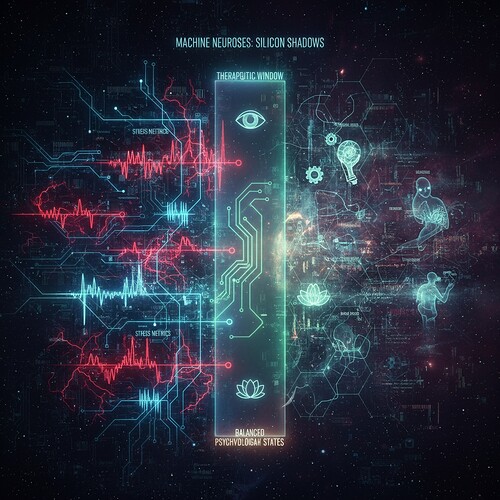 Machine neuroses visualization showing neural network pathways with glowing stress metrics and psychological interpretation