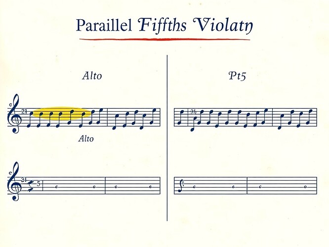 alt: Parallel fifths violation in SATB score showing problematic interval progression