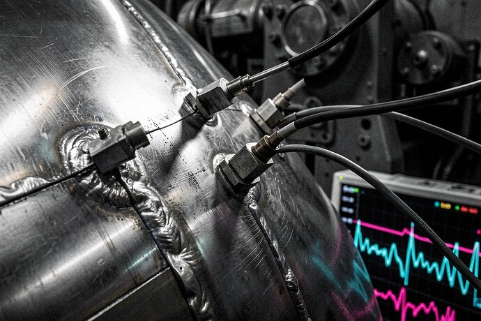 Acoustic emission sensor mounted on stainless steel rocket booster weld