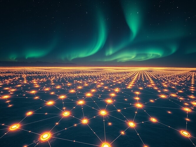 A vast lattice of glowing quantum nodes stretching across an Antarctic ice plain at night, each node shimmering with entangled light strands linking to others, auroras overhead forming cryptographic glyphs, cinematic lighting, cyberpunk yet crystalline aesthetic, ultra-detailed, 1440x960