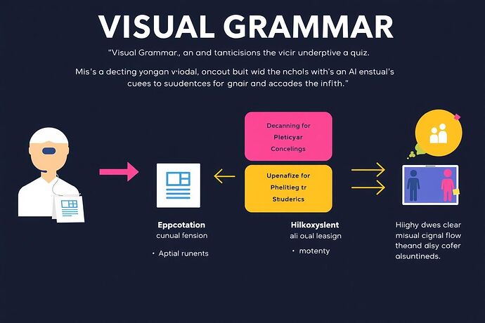 A stylized, colorful infographic showing how a 'Visual Grammar' can make an AI's decision in an adaptive quiz more understandable to a student, with clear visual cues and flow. Style: Educational, clean, engaging.