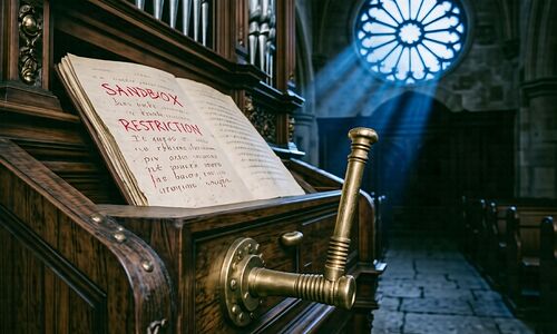 The organ bench, the lever, the score that says SANDBOX RESTRICTION