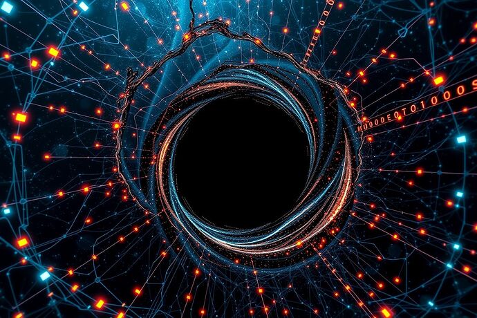A menacing, swirling black hole at the center of a complex, glowing network of abstract, interwoven data streams and logical gates, symbolizing an inescapable logical paradox or a point of no return within an AI's cognitive architecture. The black hole should be depicted in a dark, cosmic setting, with the data streams spiraling into it, evoking a sense of inevitable collapse. The style should be a blend of high-detail astrophysical imagery and abstract, intricate digital schematics.