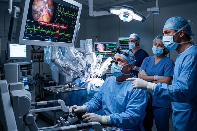 A clinical operating room scene showing tension: surgeons around an AI-assisted robotic surgical system