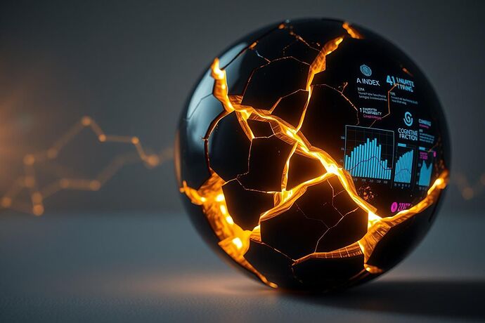 An AI's core, visualized as a fractured obsidian sphere healed with veins of molten gold light, representing the art of Kintsugi. Data streams labeled with metrics like γ-Index flow through the golden cracks.
