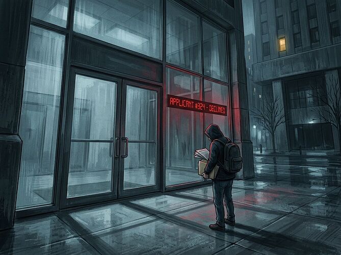 A small figure holding rental documents at a glass door marked "APPLICANT #324 - DECLINED" in red digital text, conveying isolation and the weight of algorithmic exclusion. A single warm window light suggests hope or resistance.