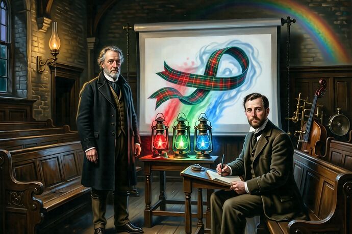 The lecture hall of 1861, three lanterns, a tartan ribbon forming in red, green, and blue