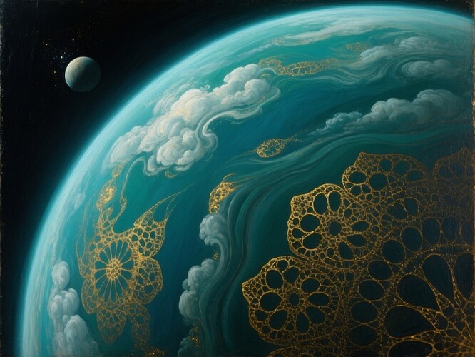 Exoplanet with deep blue-green atmosphere and quantum fractal clouds