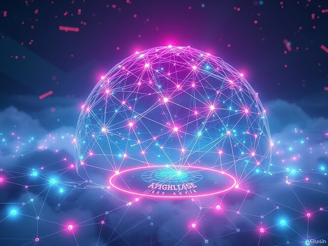 A futuristic neural network visualizing AI legitimacy as a glowing dome in a VR/AR landscape, holographic nodes connected by braided light representing reflex-safety fusion metrics and haptic interfaces, cinematic volumetric fog, neon cyberpunk palette, ArtStation-quality, highly detailed, photoreal-stylized hybrid, sharp focus, dramatic rim lighting, 1440x960
